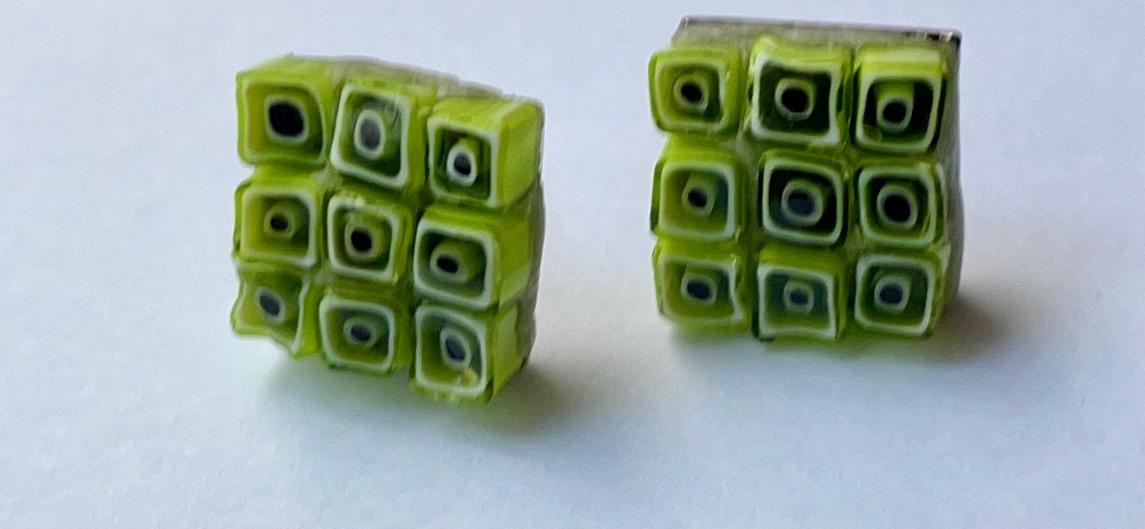 Small handmade lime green squares micro mosaic glass half-inch stud earrings