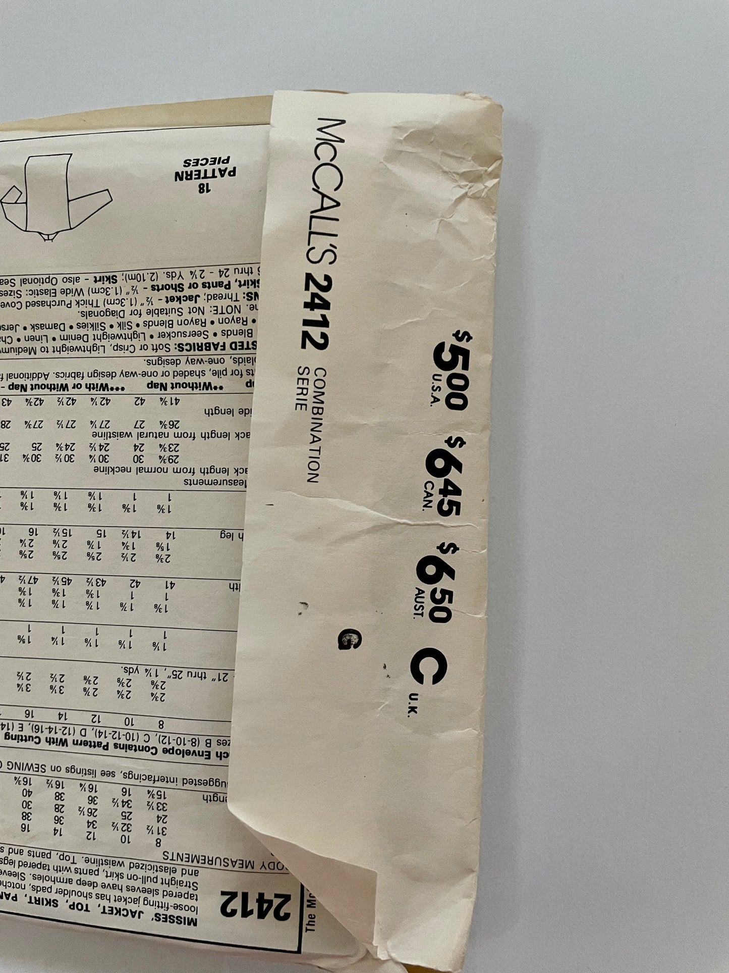 RARE UNCUT vintage Sewing Pattern -Easy McCalls 2412 Pattern 1980s Boxy Jacket Notched Collar V Neckline Top, Dress Pants or Shorts Sz 22-24