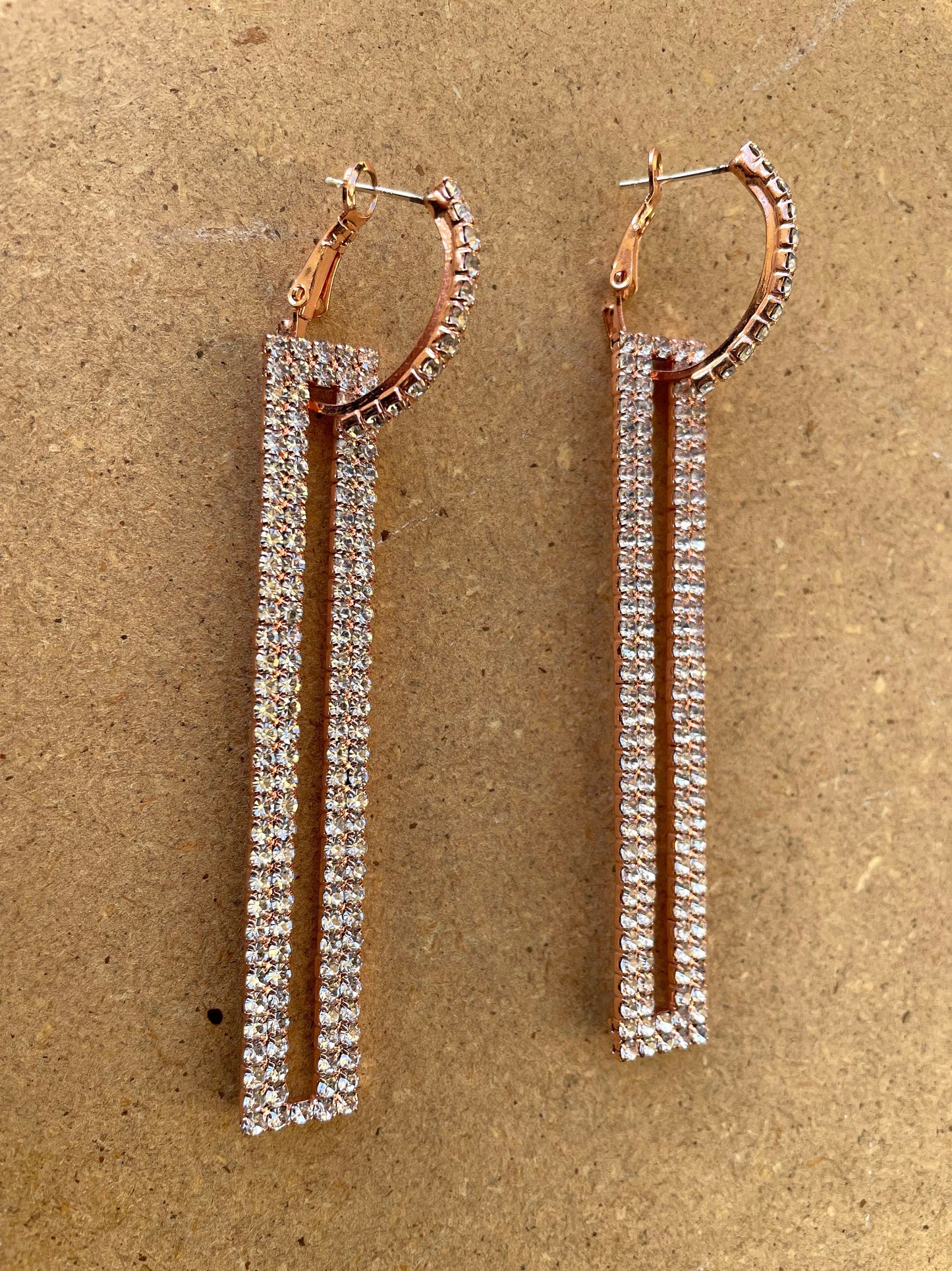 Simply elegant vintage earrings - rhinestone hoops with long rectangular rhinestone dangles