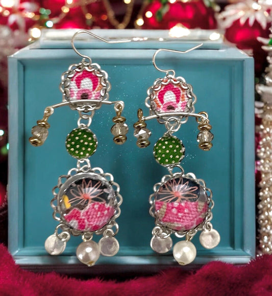 Handmade mixed media earrings made with fabric, paper, hammered metal, mixed metals, crystals and faux pearls. Sterling ear wires.