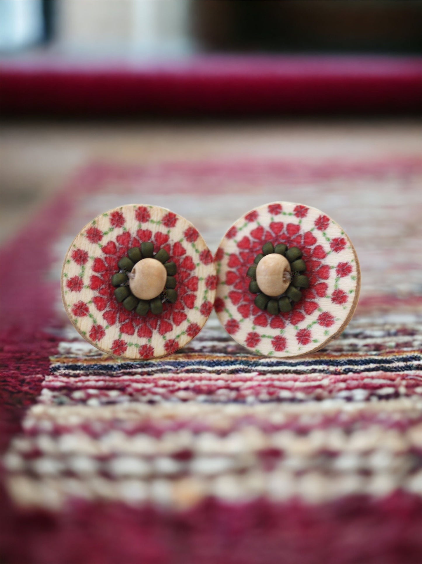 Stunning beadwork mandala stud earrings - red, natural tan and brown