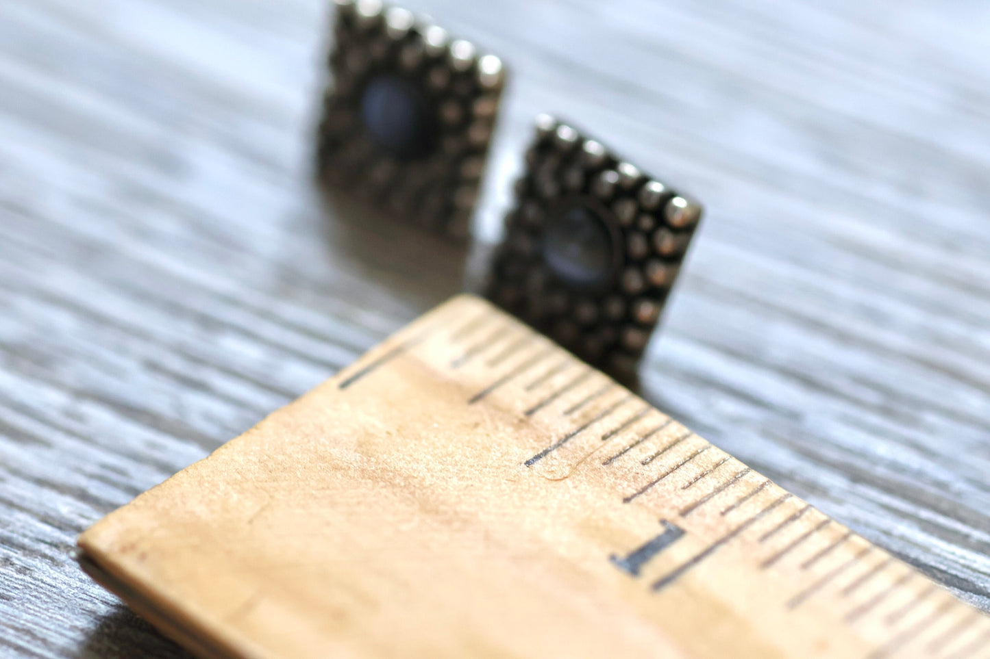 Textured metal vintage square stud earrings with blue glass inlay