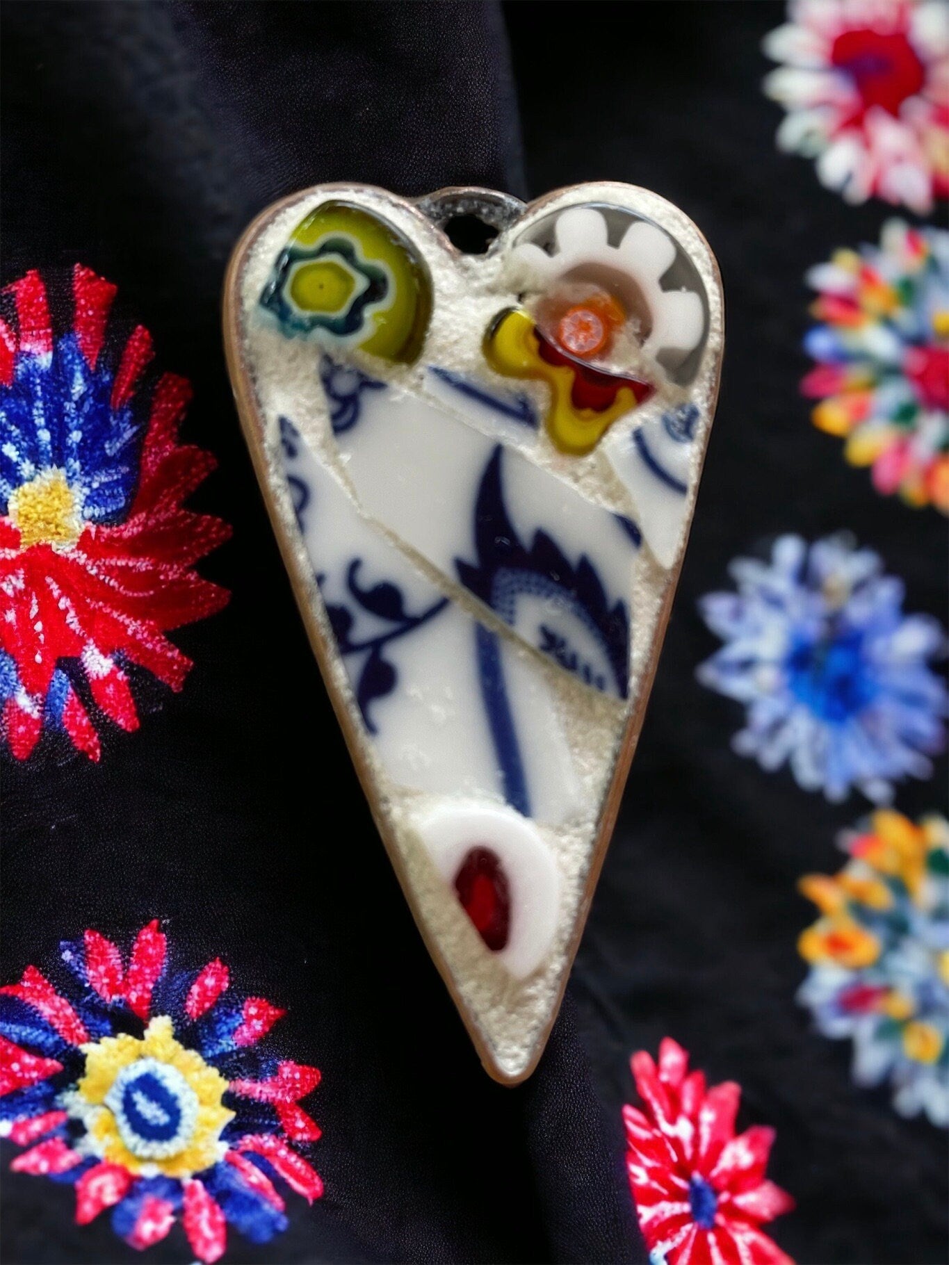 My handmade mosaic heart necklace - made from hand cut pieces of a broken vintage dish