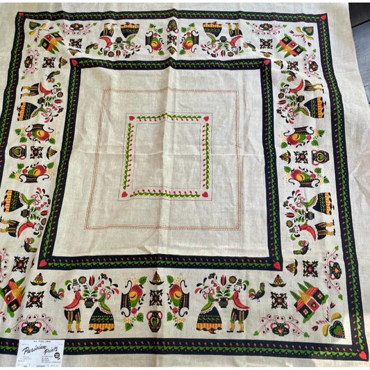 Vintage Parisian Prints Linen Tablecloth with original label still attached - Pennsylvania Dutch Folk Art Design - Square 52" x 52"
