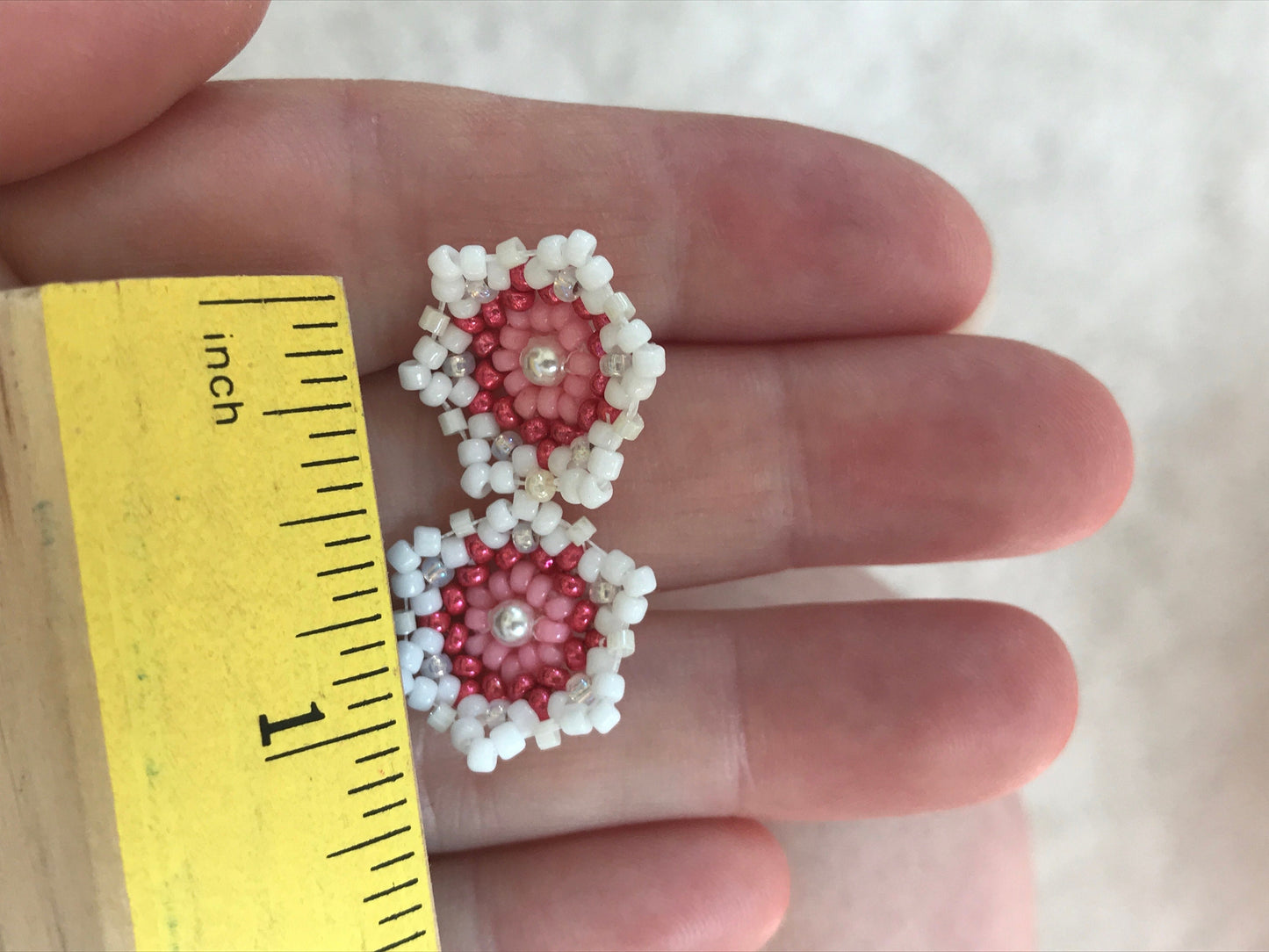 Small little hand beaded beadwork stud earrings - pink and white flowers