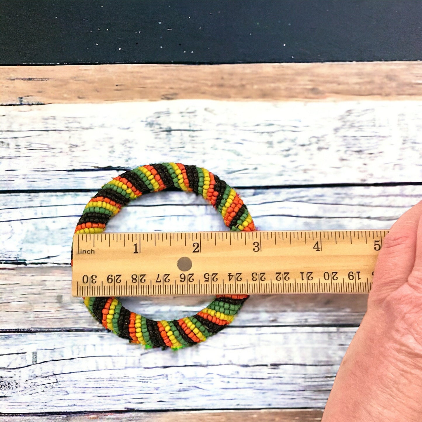 Seed beaded vintage bangle bracelet - Orange, yellow, green and black