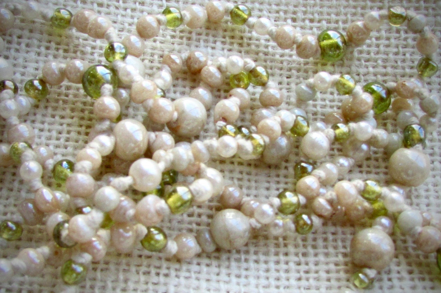 Cream and green glass beaded vintage necklace - hand knotted