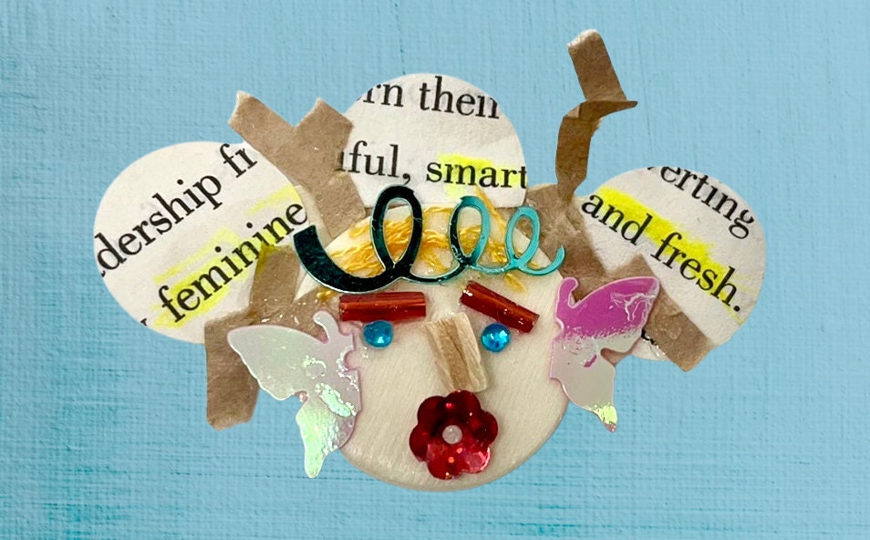 Feminine, smart and fresh - My funny face assemblage art / mixed media collage - can be ordered as a magnet or pin - great as a gift