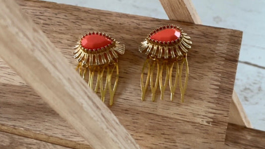 Pair of gold and orange mini metal hair combs - 1" each