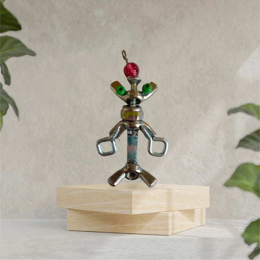 Meet "Herman" - mixed media robot made of hardware - nails, screws, bolts with small wood/glass embellishments - pin or necklace pendant