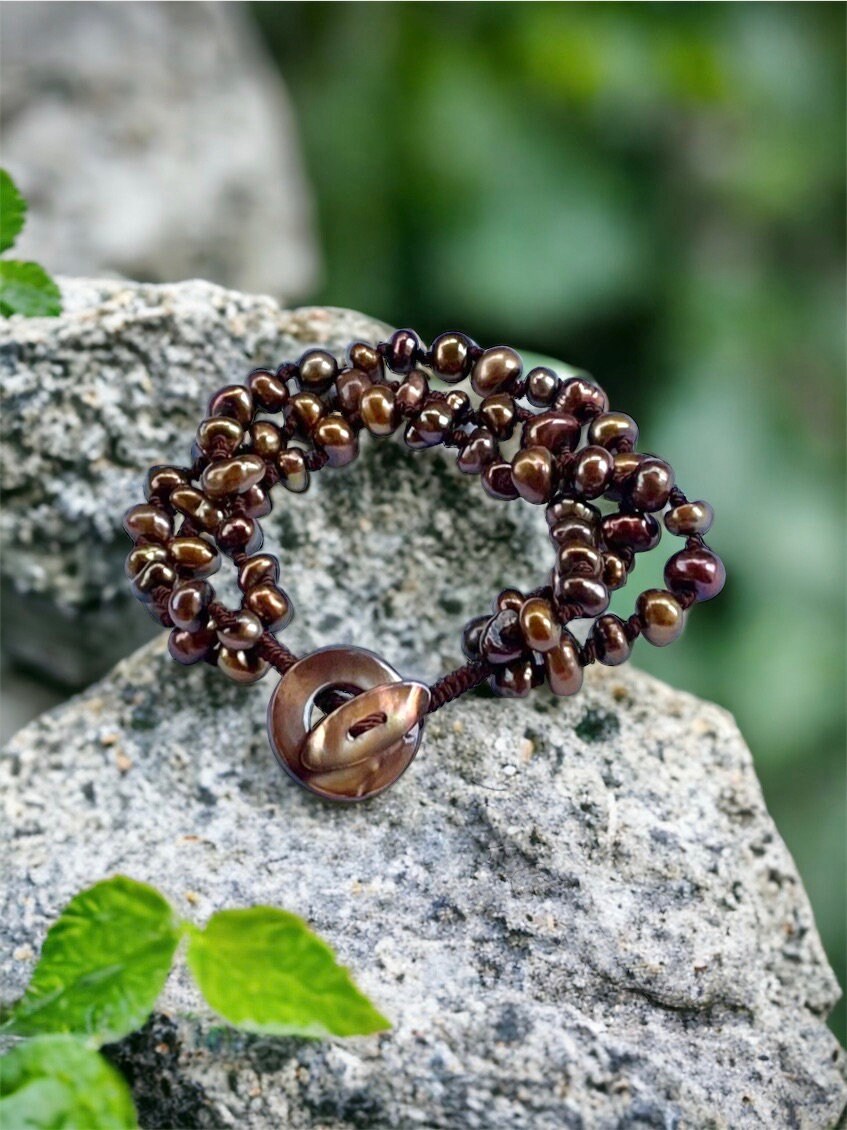 Stunning bronze pearl vintage bracelet - three strands of freshwater pearls