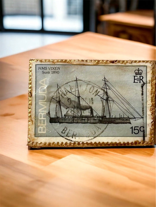 Pin or necklace pendant hand made from genuine vintage and antique postage stamps from around the world - Bermuda, ship, HMS Vixen