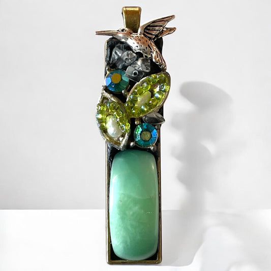 Handmade Mosaic Necklace with Jade Stone, Rhinestones, Pearl & Metal Trim, Flying Hummingbird Pendant, Unique Artisan Jewelry Gift