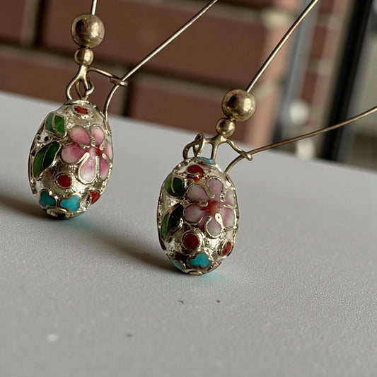 Vintage Cloisonné Floral Dangle Earrings, Enamel Oval Drop Jewelry