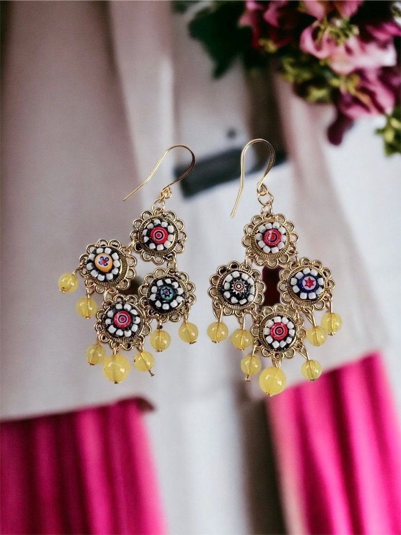 Handmade Italian millefiori mosaic dangle earrings with beads