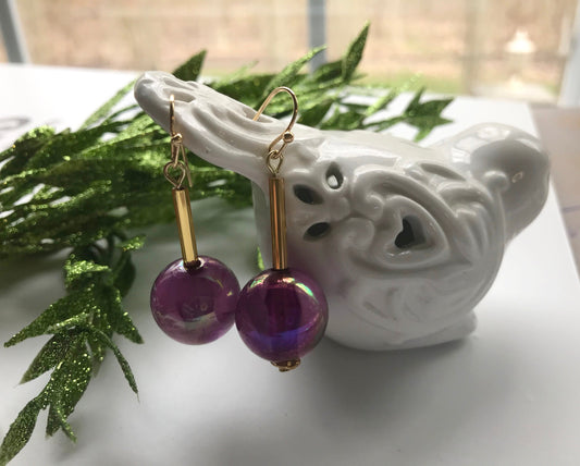 Handmade earrings with upcycled vintage purple glass ball dangles and goldtone glass bugle beads