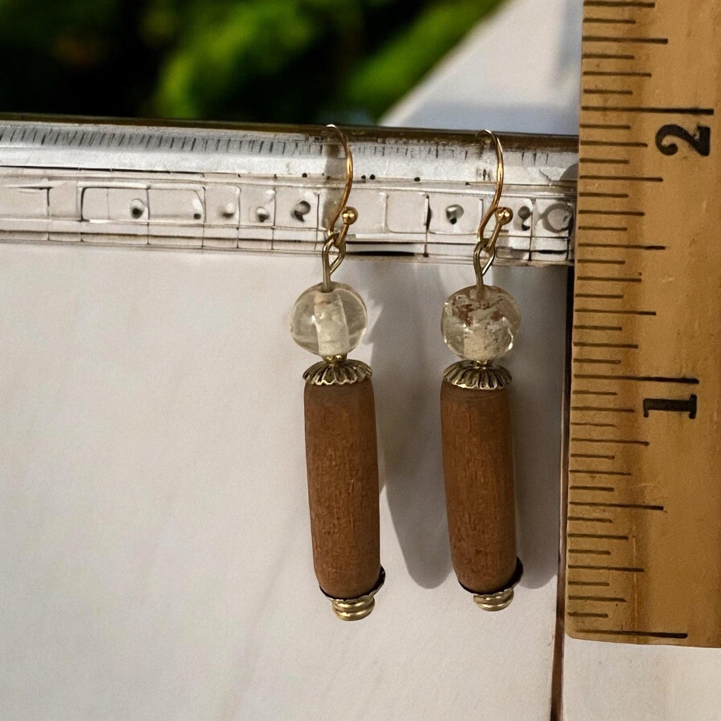 Tubular vintage wood and muted clear glass handmade dangle earrings