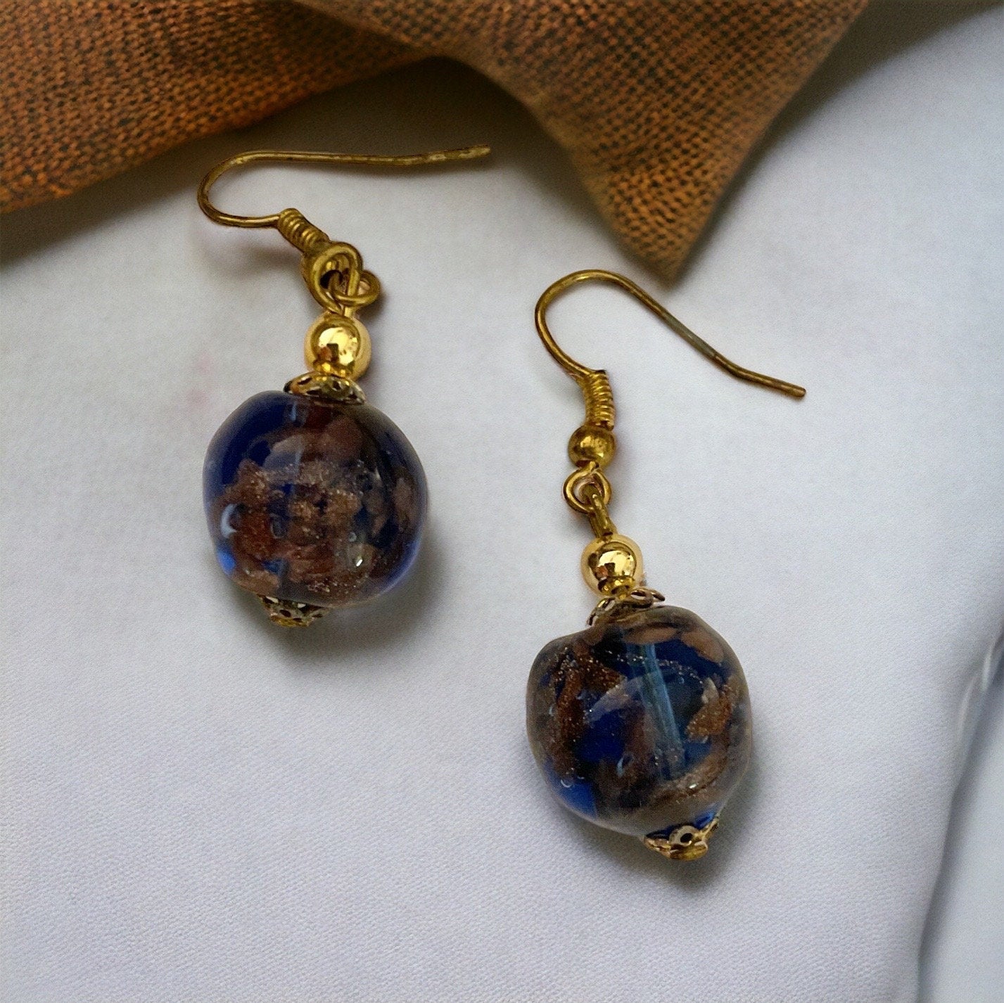 Blue and gold speckled glass vintage dangle earrings