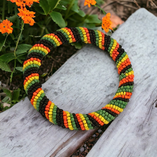 Seed beaded vintage bangle bracelet - Orange, yellow, green and black
