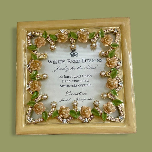 Wendy Reed Designs Jeweled Picture Frame 2003 – 22K Gold Finish, Hand-Enameled Roses, Swarovski Crystals, Vintage - UNUSED, VERY RARE