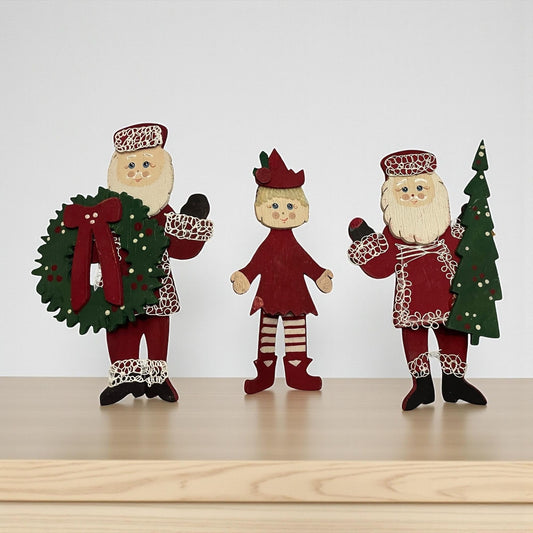 Vintage folk art style Wooden Christmas Ornaments Set – Hand-Painted Santa, Girl & Santa with Tree Holiday Decor