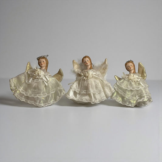 Vintage Porcelain Angel Figurines (hang as ornaments or used as a shelf sitter) – Lace Dress Ivory Angels with Gold Wings Christmas Decor
