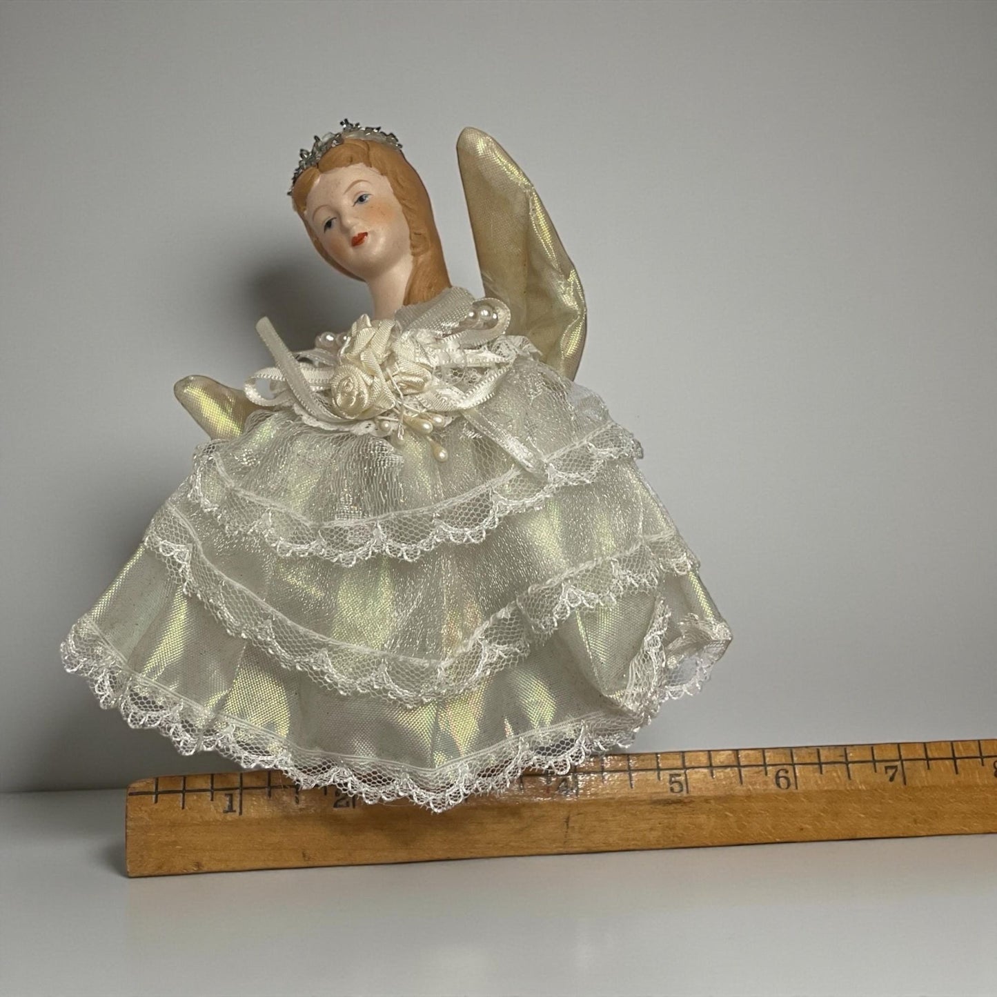 Vintage Porcelain Angel Figurines (hang as ornaments or used as a shelf sitter) – Lace Dress Ivory Angels with Gold Wings Christmas Decor