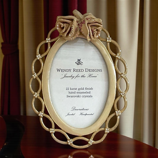 Wendy Reed Designs Gold Oval Frame – 22k Gold Finish, Hand-Enameled, Swarovski Crystal Accent Photo Frame - UNUSED, VERY RARE