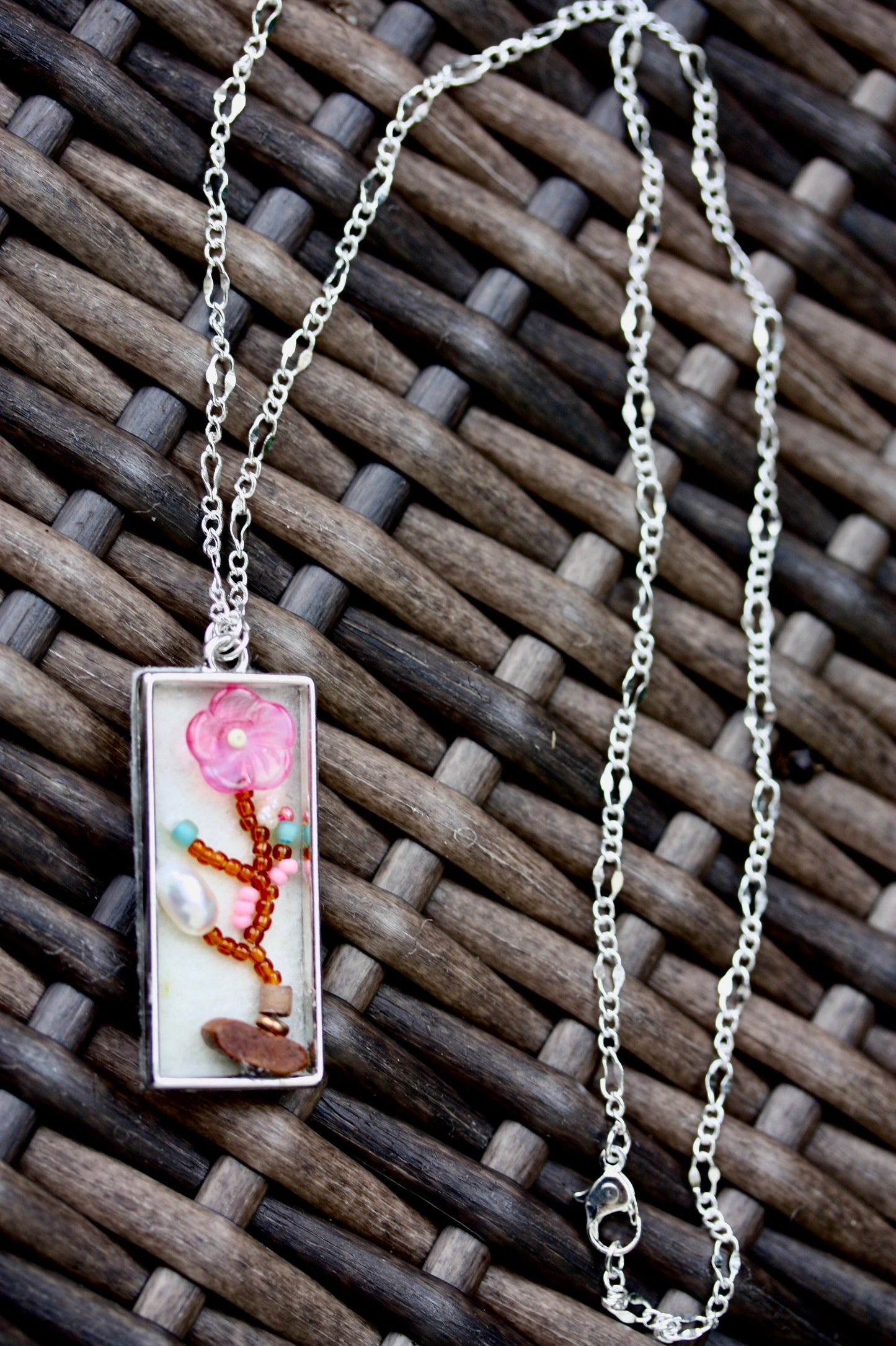 Asian inspired "painting" with beads - mixed material necklace - baroque pearl, glass, wood, metal