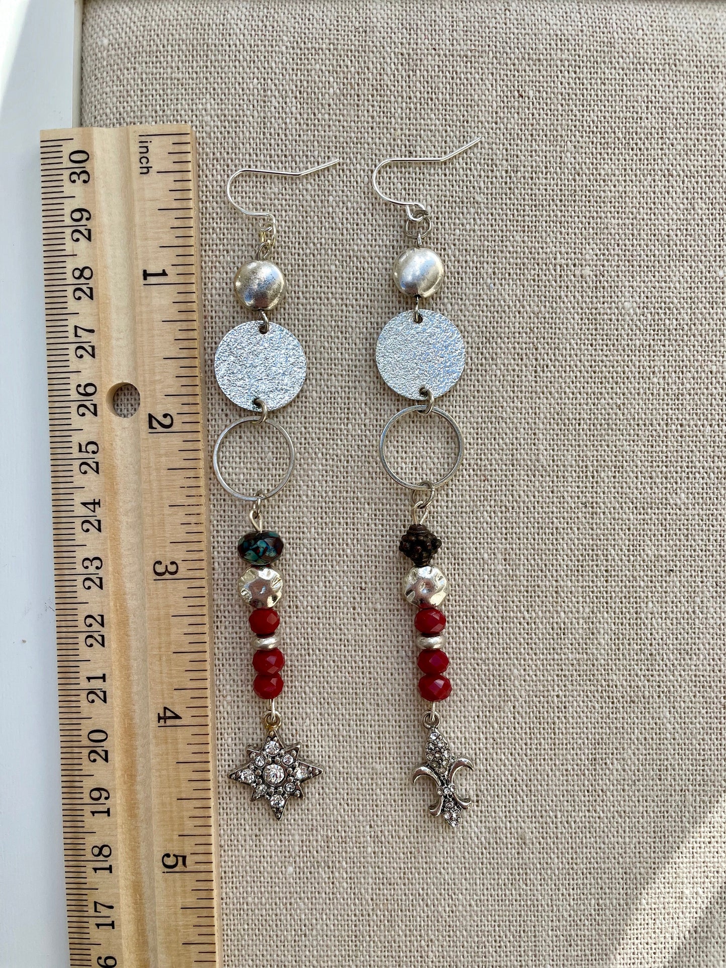 Unique long dangle earrings made with new and vintage mixed materials - hammered, smooth and textured metal, glass beads, mismatched dangles