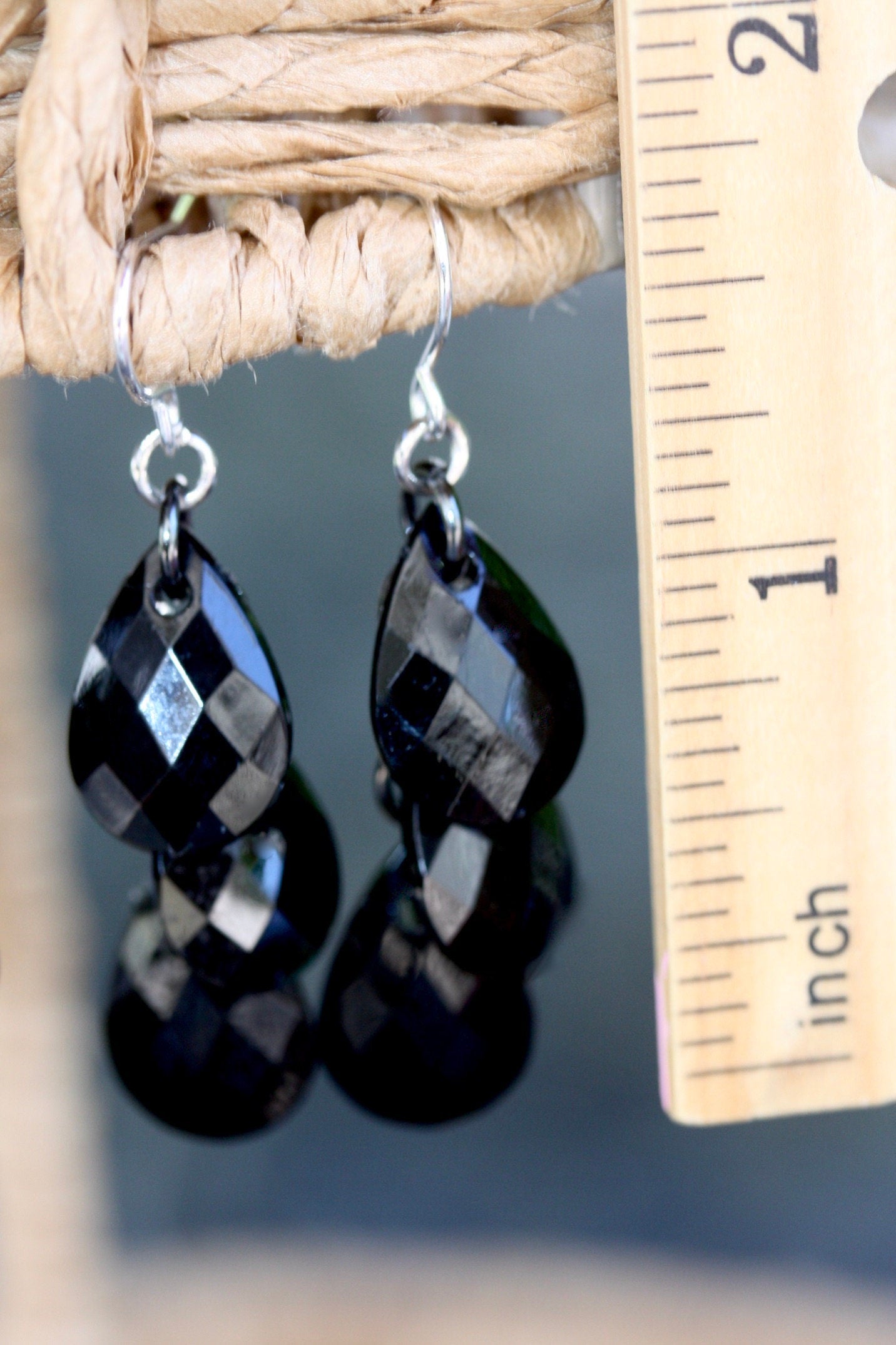 Black faceted teardrop dangle earrings - your choice: one drop, two drops or three drops