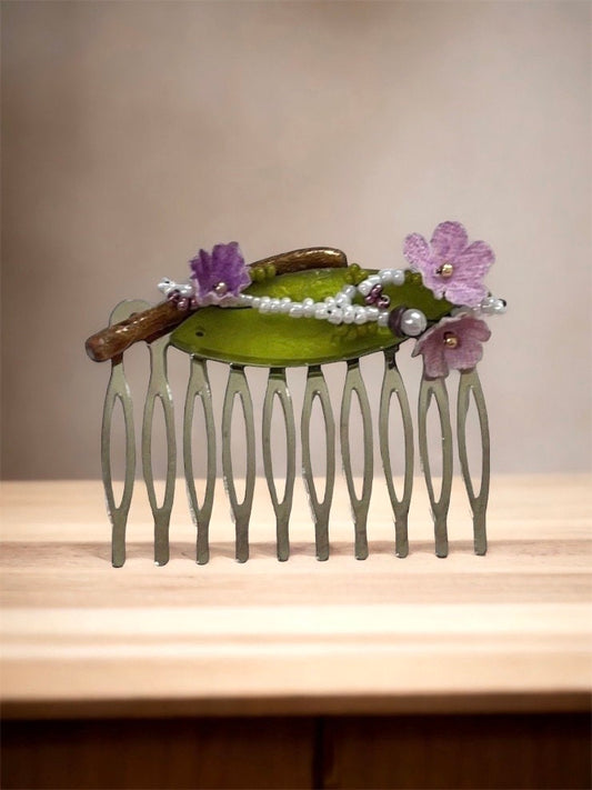 Mixed material hair comb - one-of-a-kind handmade beadwork with upcycled vintage fabric flowers, green "leaf" and branch