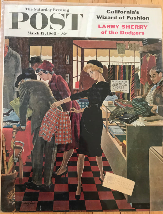 RARE - Saturday Evening Post - Original Cover - March 12, 1960 - woman shopping, Bermuda shorts