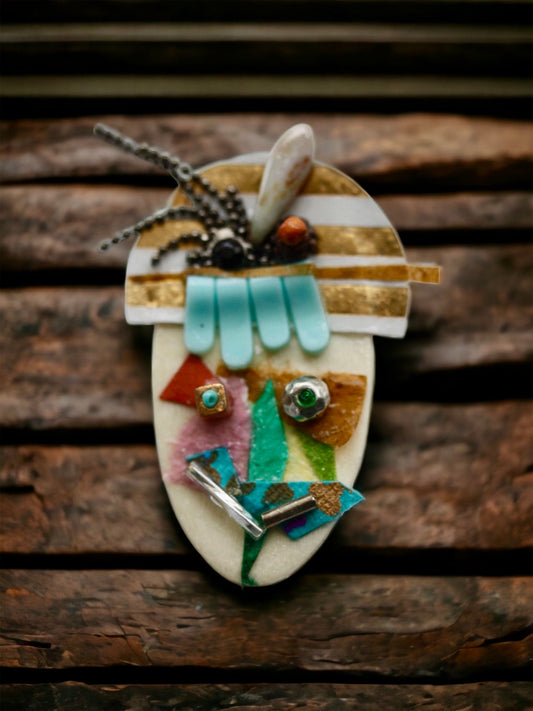 Meet "Bernice" - Assemblage art / mixed media collage - magnet, pin, necklace pendant or hair pin