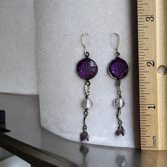 Handmade Mixed-Material Earrings with Purple Crystal – New & Vintage Components – Elegant Dangle Jewelry