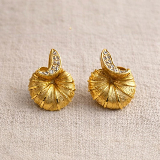 Vintage Gold Tone Clip Earrings Mid Century Fan Shell Design Rhinestone Accent Statement Earrings 1950s 1960s Retro Jewelry