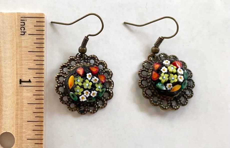 My own handmade Italian style round inlaid micro mosaic glass earrings - magical flower garden