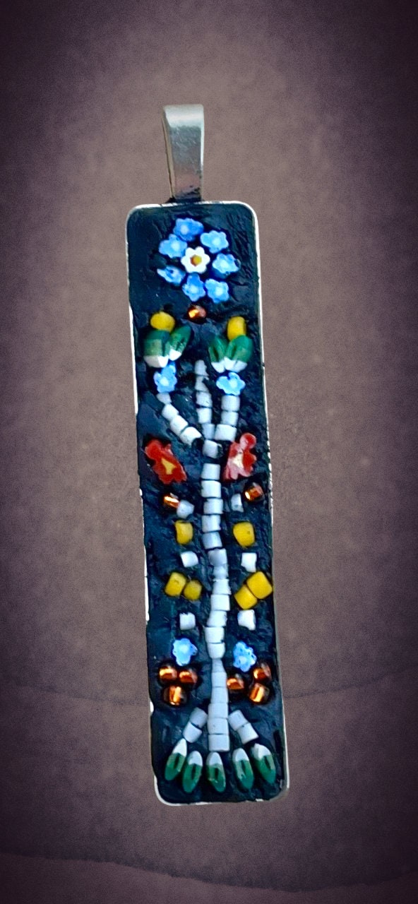Folk-art inspired handmade mixed material micro mosaic necklace - hand cut Italian glass, millefiori, seed beads
