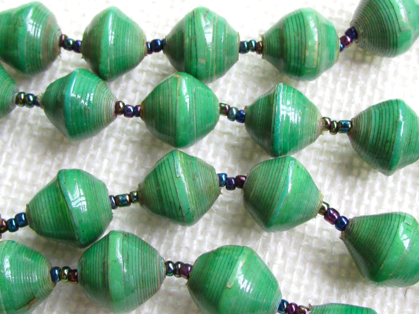 Unique green vintage artisan necklace - beads look like porcelain but are actually made of rolled paper that's been painted & sealed