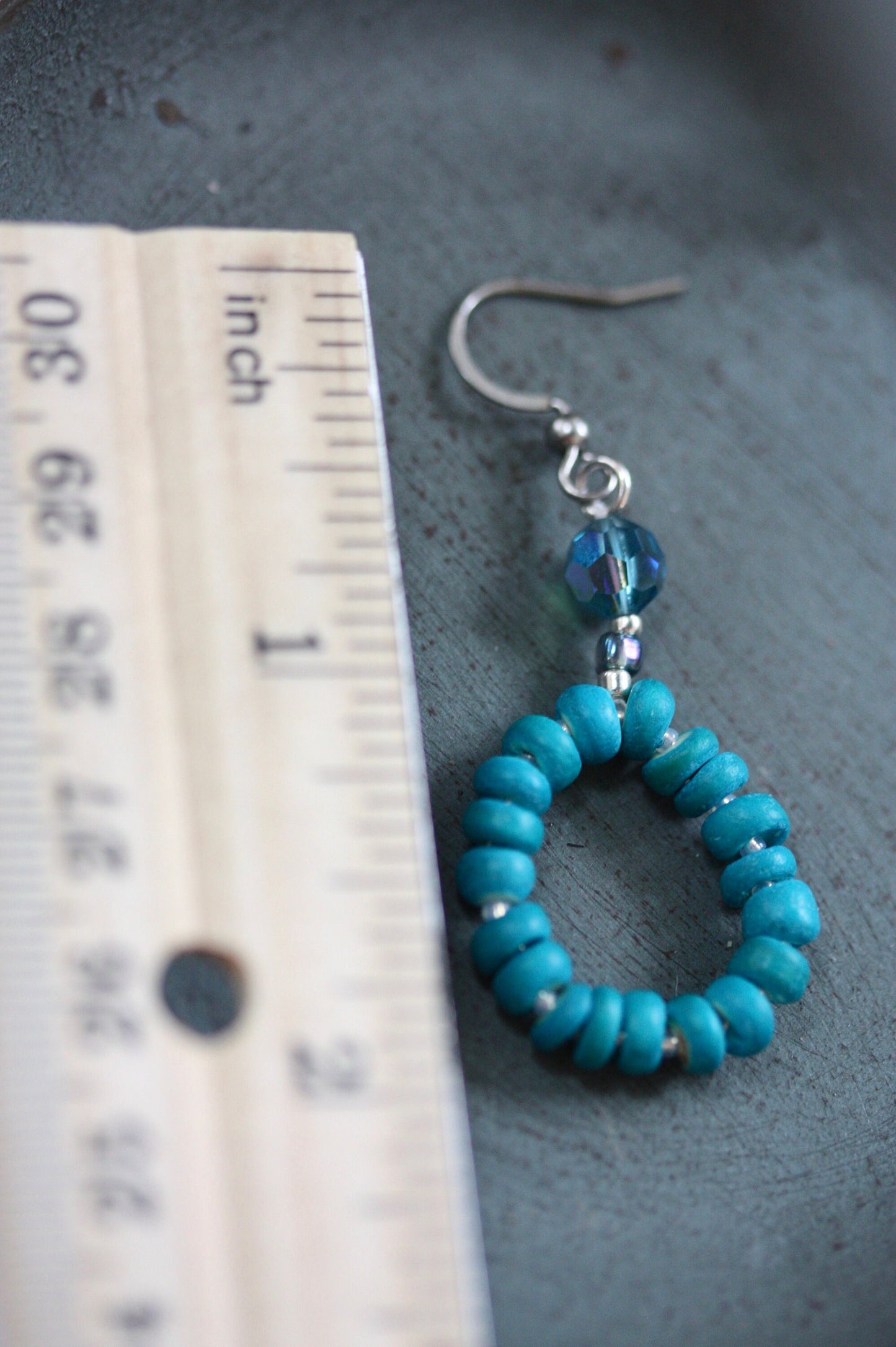 Blue wood heishi beads with crystal white glass spacers and blue faceted crystal dangle hoop earrings - vintage and new materials