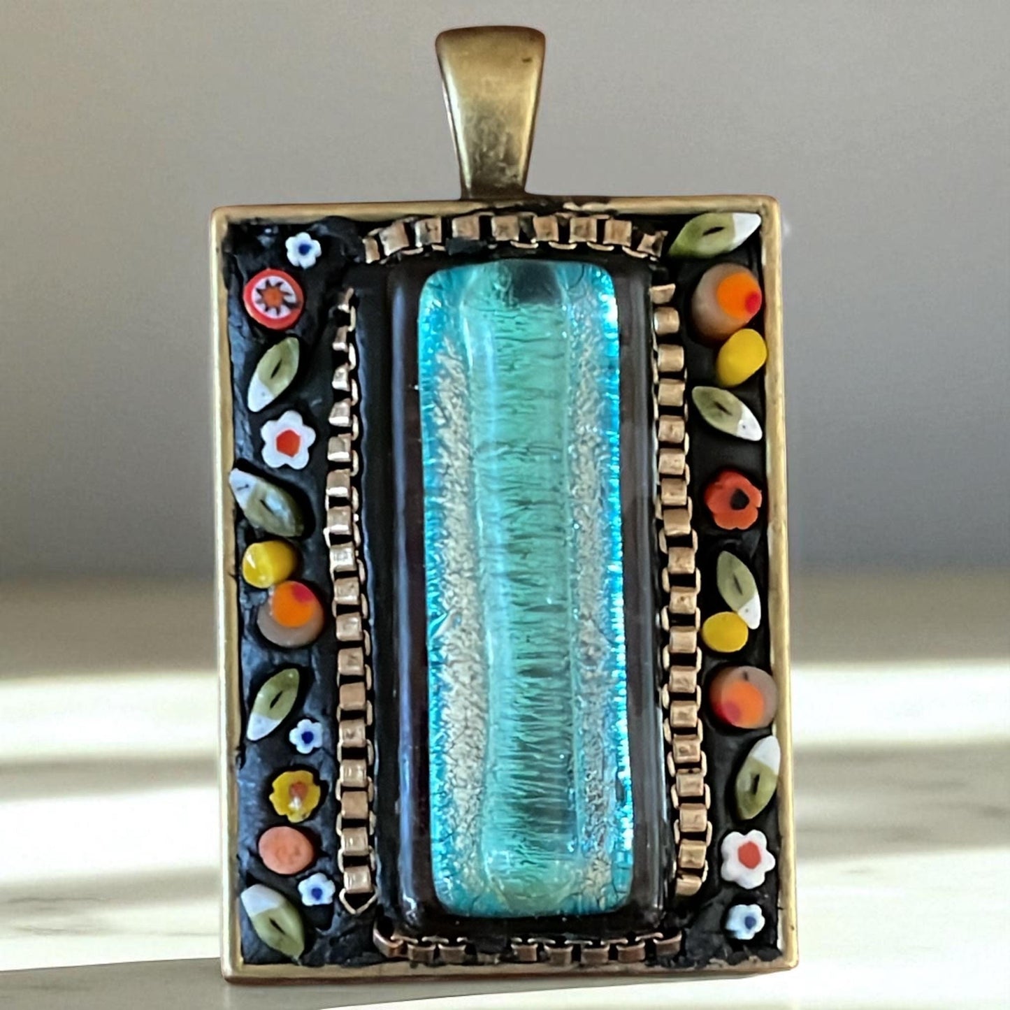 Handmade Micro Mosaic Necklace – Hand-Cut glass and dichroic glass center – Unique Artisan Jewelry – Colorful Gift for Her