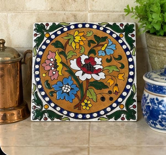 Vintage Spanish Ceramic Tile Trivet, Hand Painted Floral Tile, Mediterranean Pottery Decor, Made in Spain Coaster