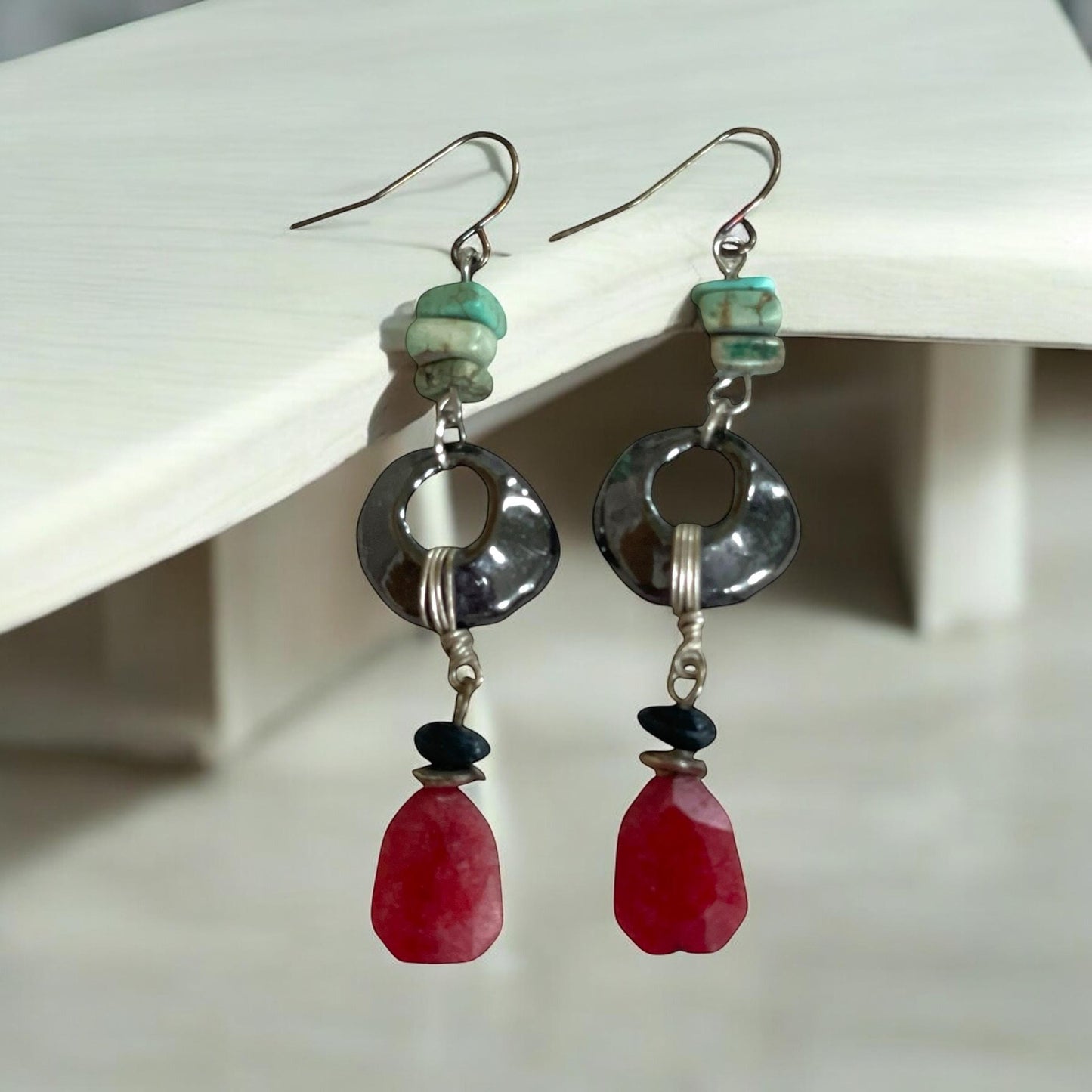 Turquoise Chip Dangle Earrings β Upcycled Metal Hoops with wrapped wire and reddish orange Drops, Boho Handmade Jewelry, Gift for Her