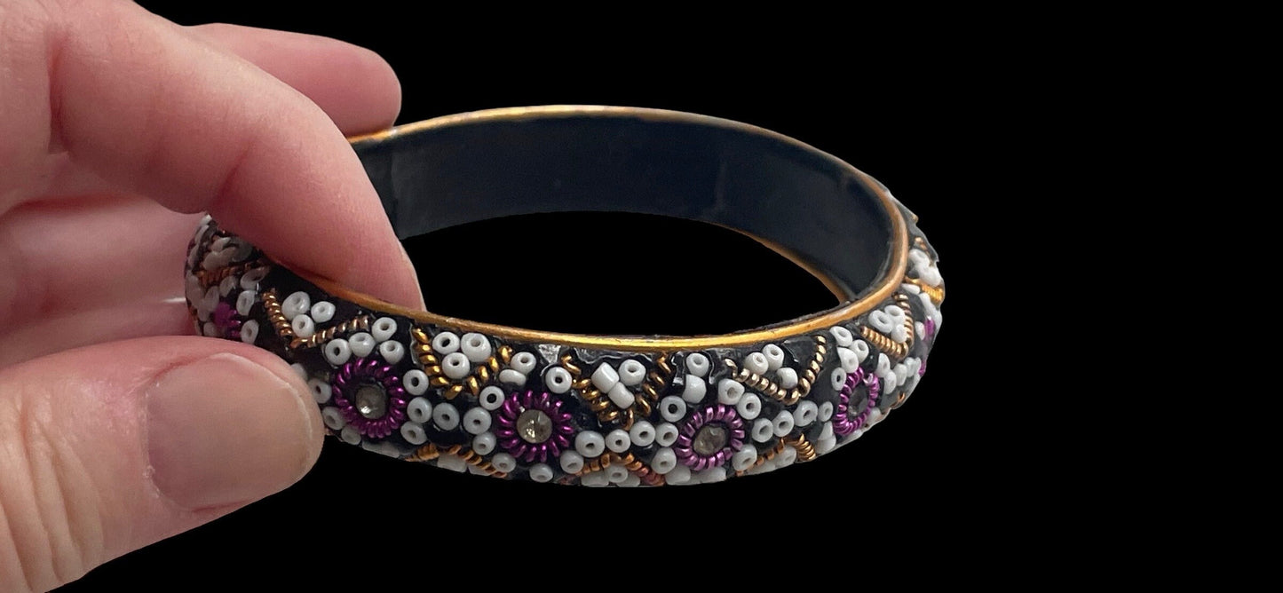 Vintage glittery, sparkly, beaded bangle bracelet - purple, white, gold