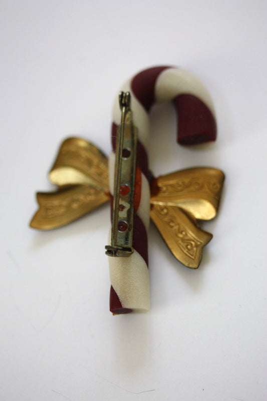 Unique mixed material vintage Candy cane pin with bow