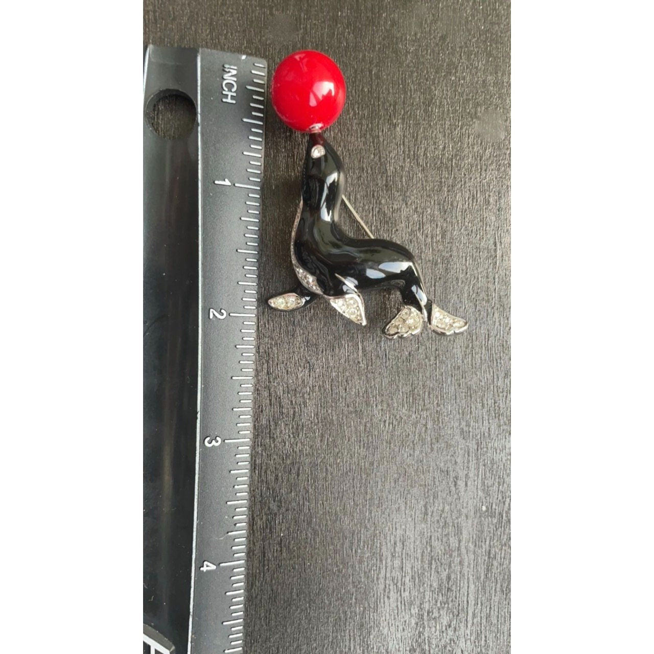 Stunning Vintage Kenneth Jay Lane (KJL) Figural Seal Brooch Black Enamel with Rhinestones and red ball