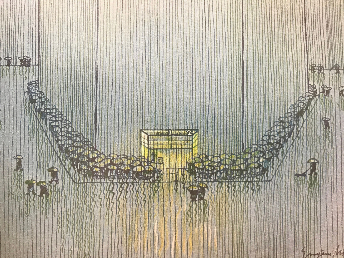 The NEW YORKER magazine cover only - June 6, 1977 - People waiting in the rain outside a movie theater