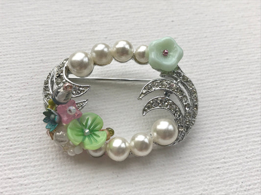 Revised, Modernized, Upcycled - hand made / hand painted one-of-a-kind mixed media beaded vintage wreath flower pin brooch