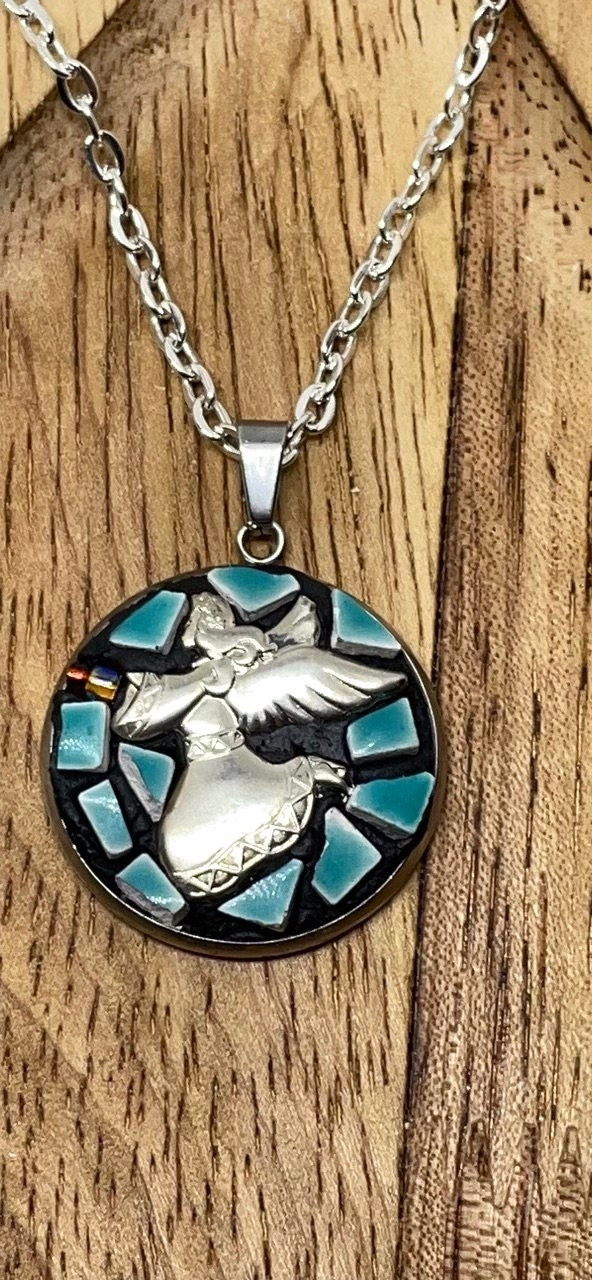 My handmade angel micro mosaic necklace with handcut tile and mixed materials