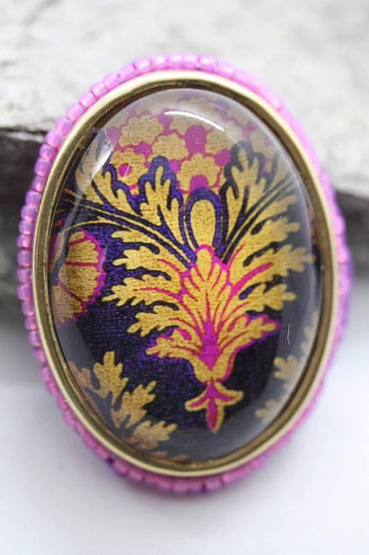Handmade. beadwork and mixed material pink, purple and goldtone necklace pendant OR pin